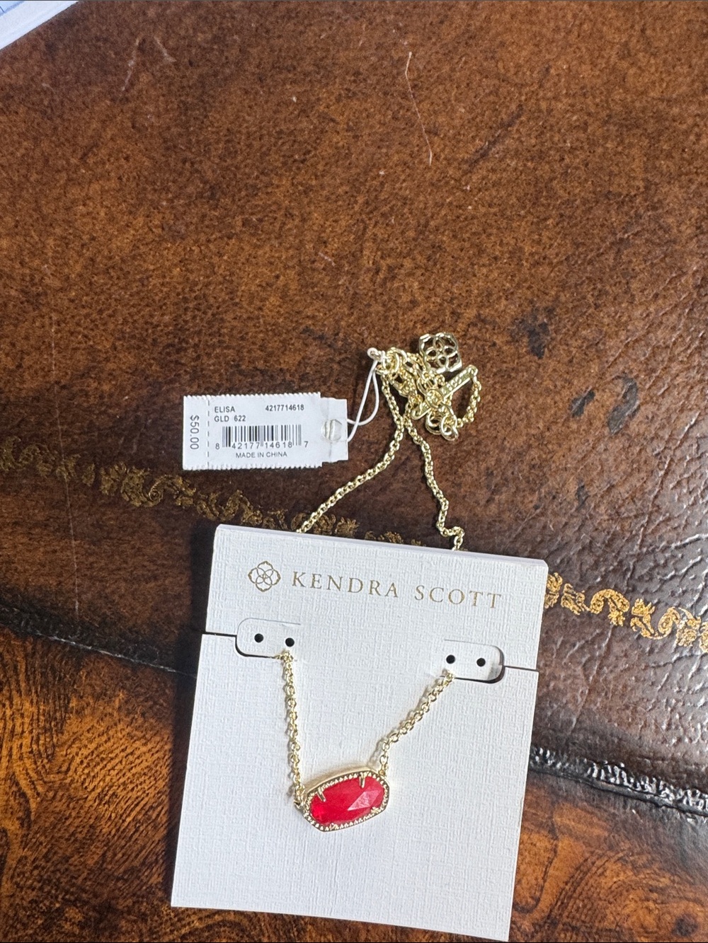 Kendra Scott Gold Necklace with Red Stone Pendant